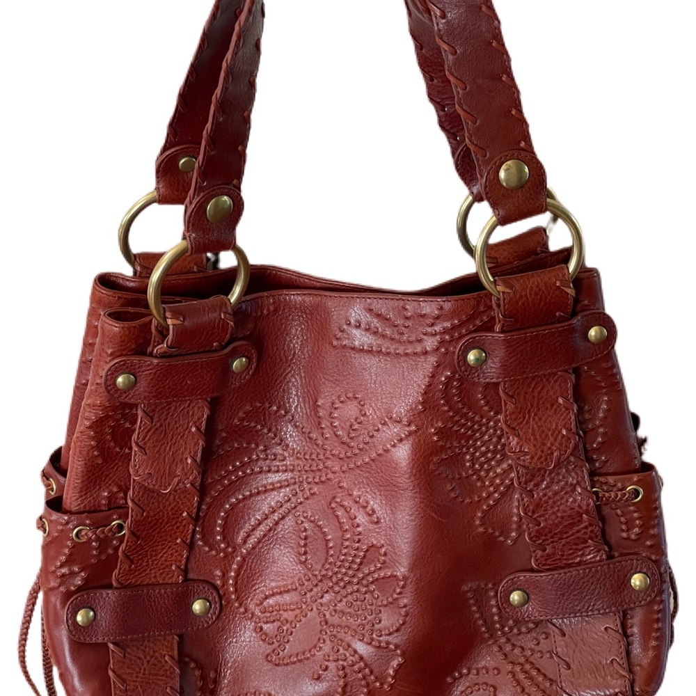 Kooba Sienna Dark Brown Leather Whip Stitched Embossed Floral